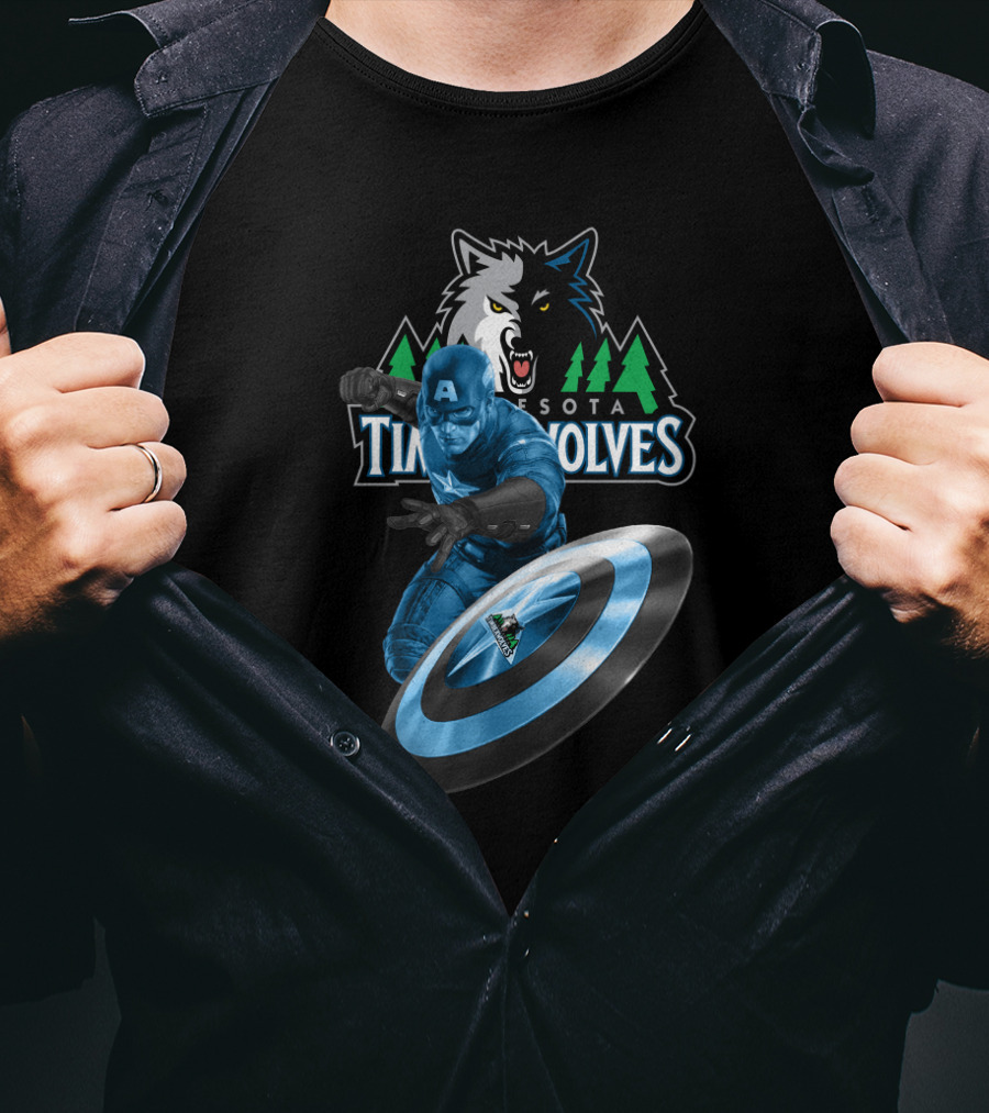 Minnesota Timberwolves Captain America Crossover With Wolf Logo And Shield T-Shirt