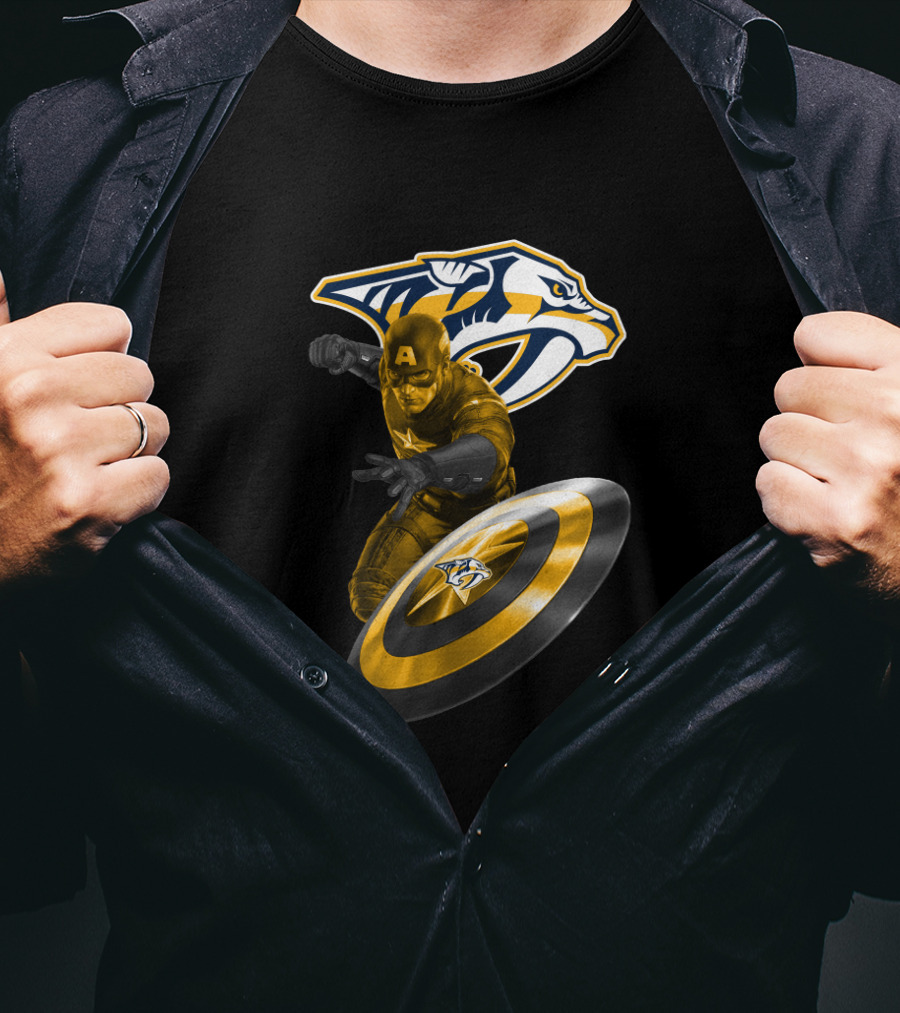 Nashville Predators Captain America Crossover With Logo And Shield T-Shirt