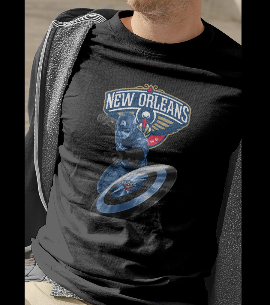 New Orleans Pelicans Captain America Collaboration Iconic Shield Crossover T-Shirt