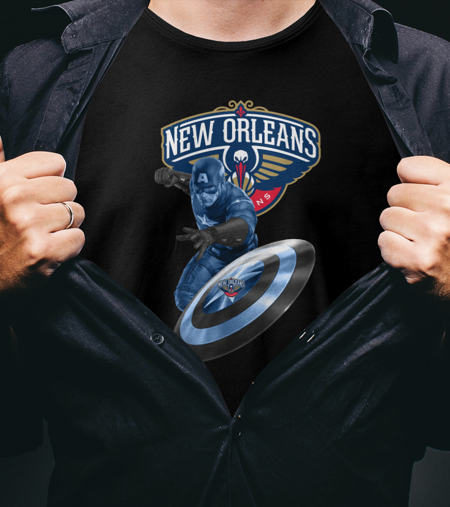 New Orleans Pelicans Captain America Collaboration Iconic Shield Crossover T-Shirt
