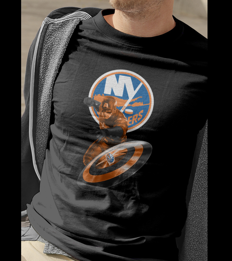 New York Islanders Captain America Collaboration Shield And Logo Graphics T-Shirt
