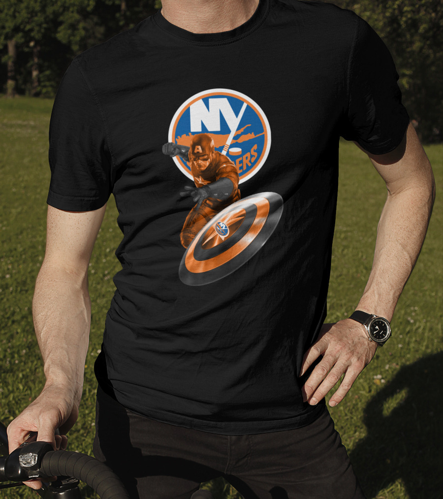 New York Islanders Captain America Collaboration Shield And Logo Graphics T-Shirt