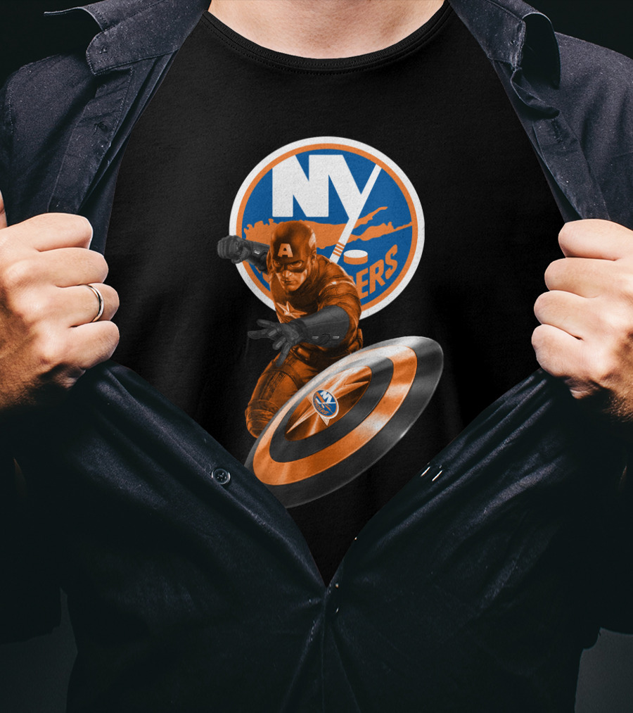 New York Islanders Captain America Collaboration Shield And Logo Graphics T-Shirt