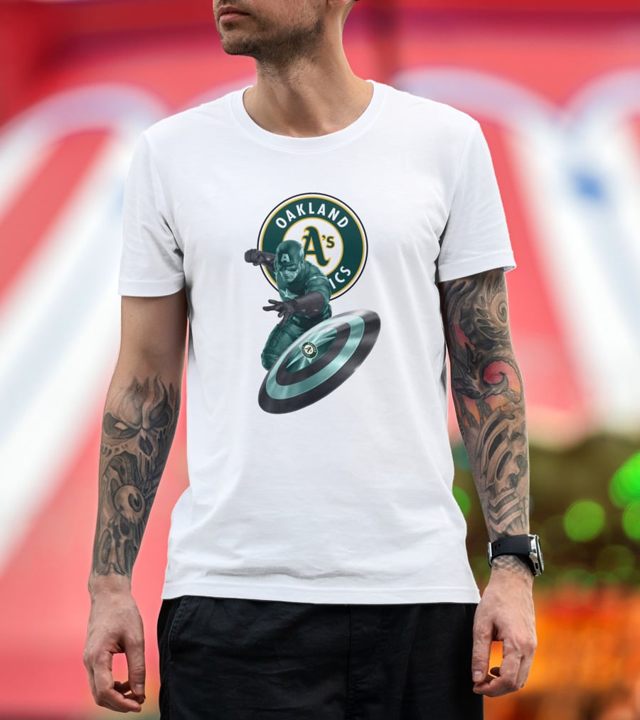 Oakland Athletics A's Logo With Captain America's Shield And Heroic Pose T-Shirt