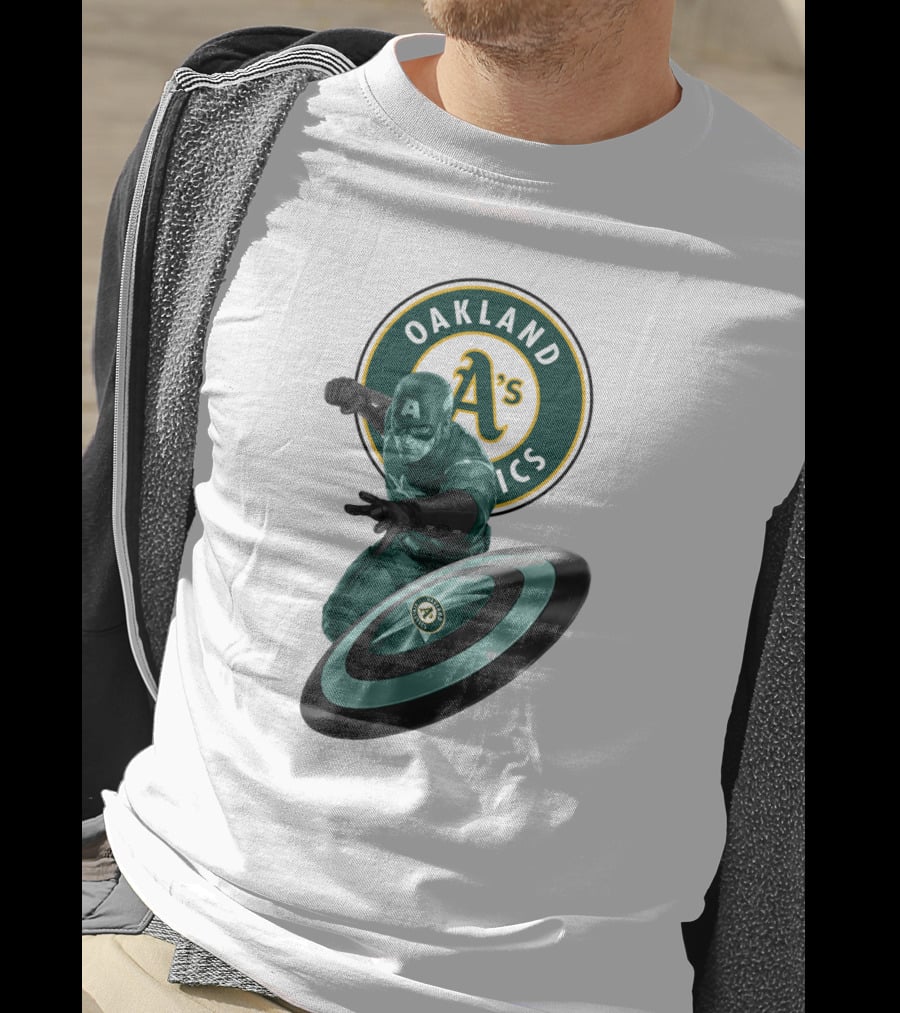 Oakland Athletics A's Logo With Captain America's Shield And Heroic Pose T-Shirt