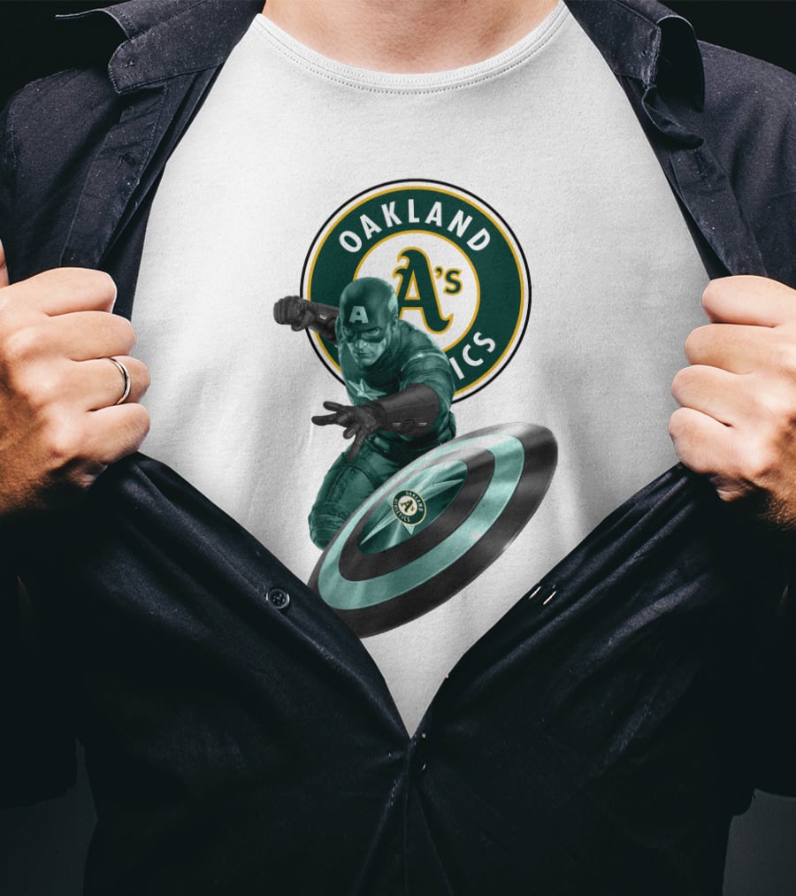Oakland Athletics A's Logo With Captain America's Shield And Heroic Pose T-Shirt