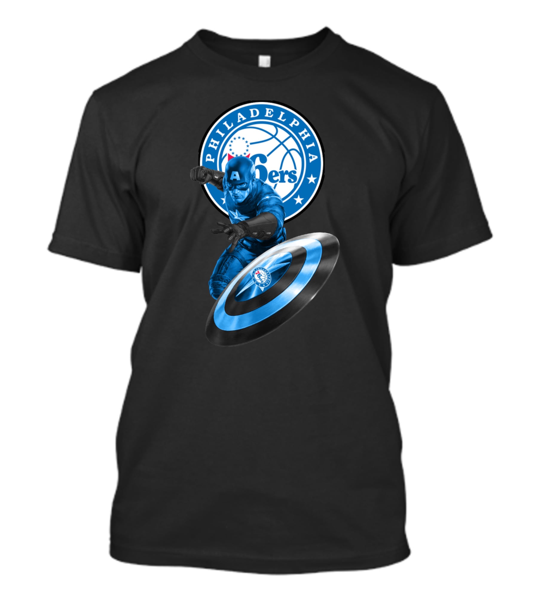 Philadelphia 76ers Basketball Marvel Crossover With Captain America Shield T-Shirt