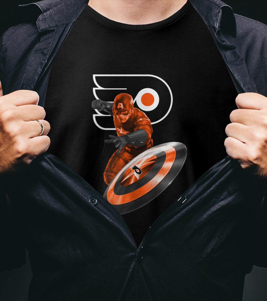 Captain America Philadelphia Flyers Crossover Shield And Logo Iconic Fusion T-Shirt