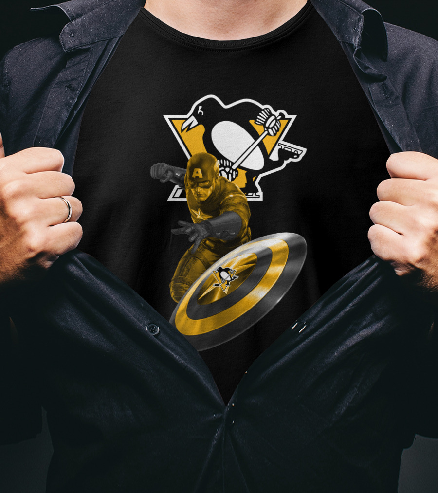 Pittsburgh Penguins Hockey Marvel Captain America Crossover Shield T-Shirt
