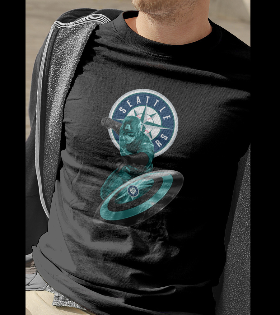 Seattle Mariners Captain America Logo Shield Crossover Baseball Superhero Collaboration T-Shirt