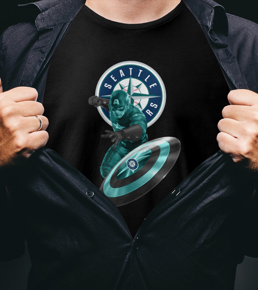 Seattle Mariners Captain America Logo Shield Crossover Baseball Superhero Collaboration T-Shirt