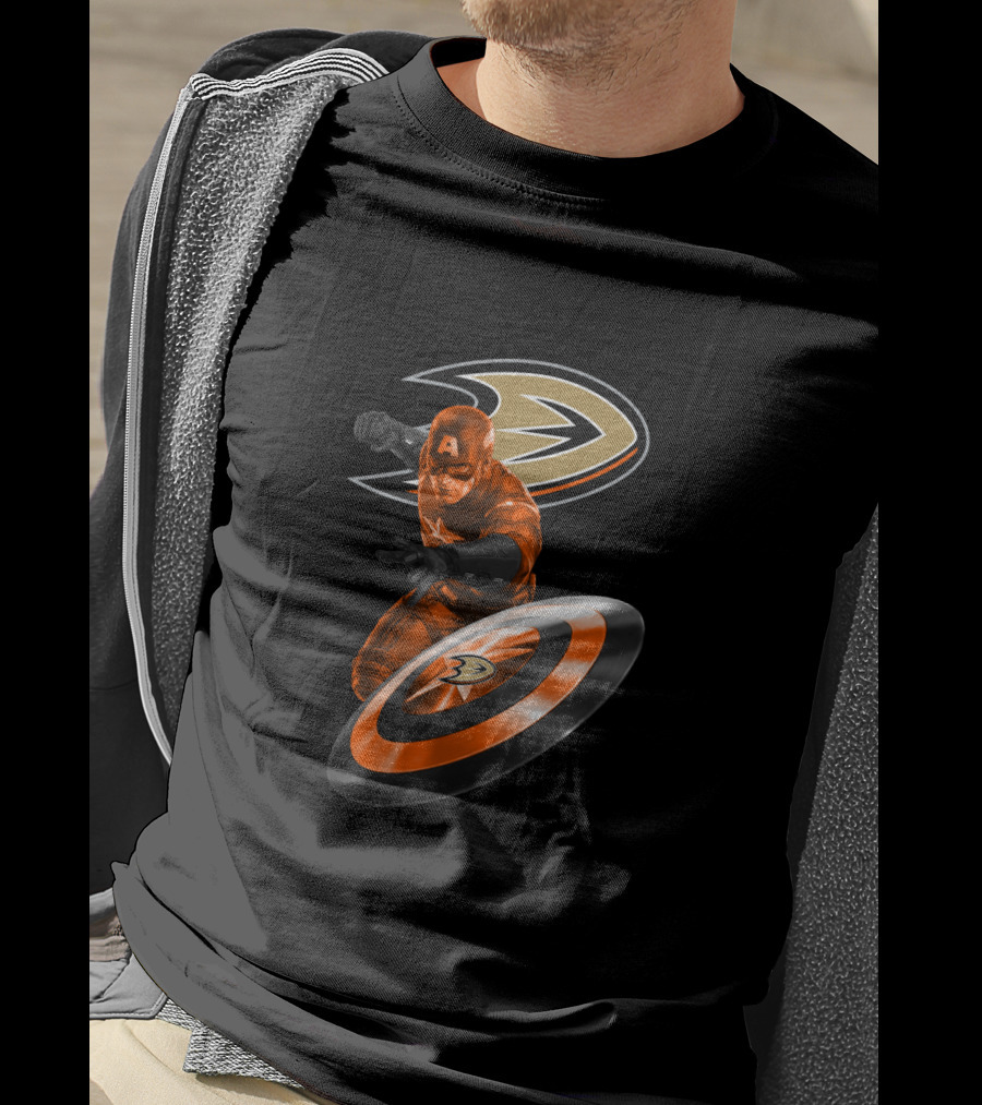 Anaheim Ducks And Captain America Enthusiasts Unite With Marvel Heroic Hockey T-Shirt