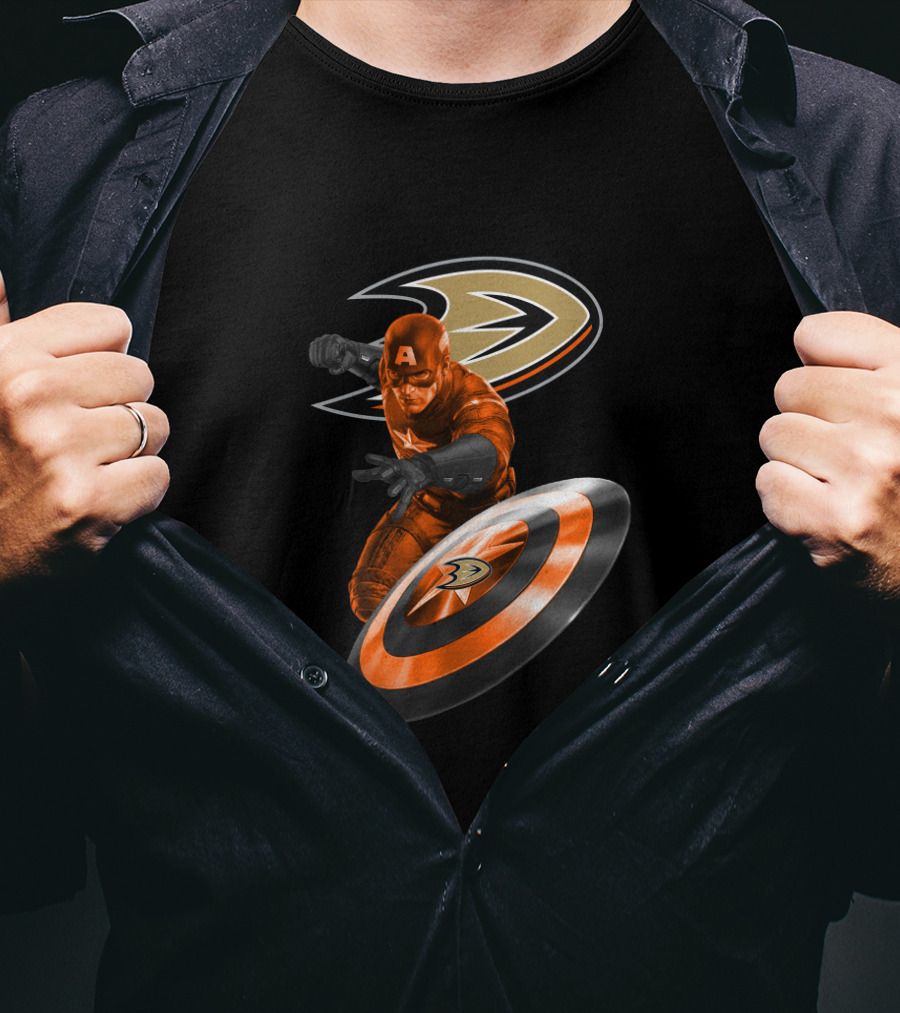 Anaheim Ducks And Captain America Enthusiasts Unite With Marvel Heroic Hockey T-Shirt