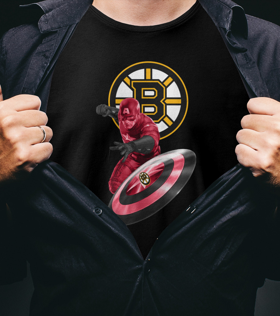 Captain America With Boston Bruins Shield Emblem Fans T-Shirt