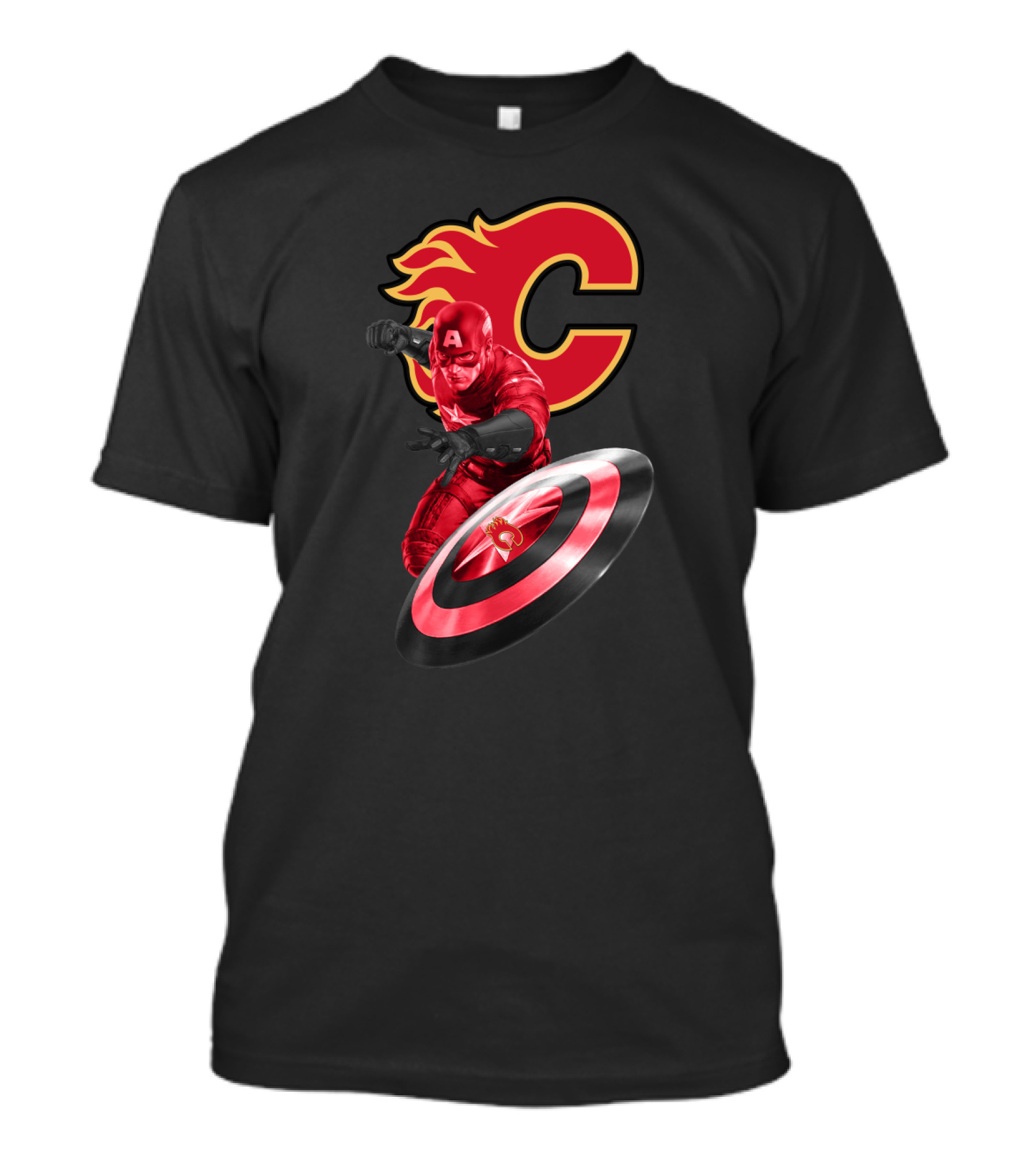 Calgary Flames And Captain America Shield Fusion Marvel Fans T-Shirt