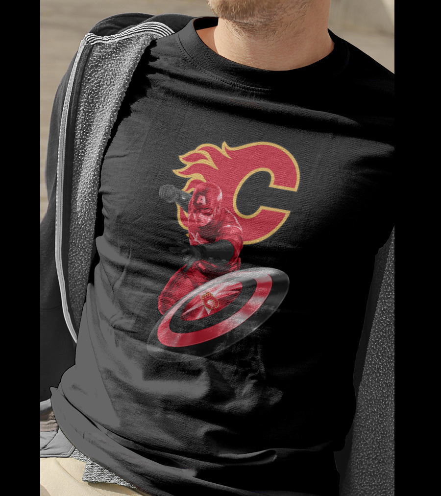 Calgary Flames And Captain America Shield Fusion Marvel Fans T-Shirt