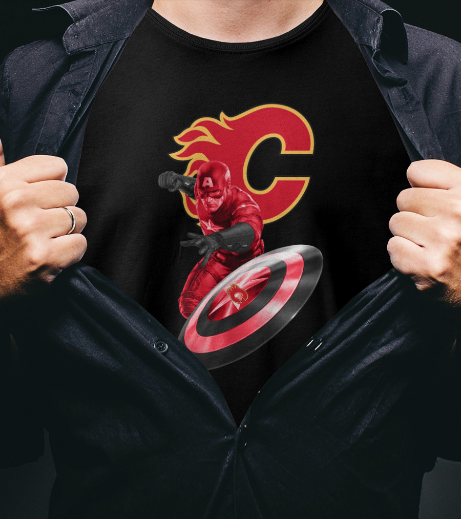 Calgary Flames And Captain America Shield Fusion Marvel Fans T-Shirt