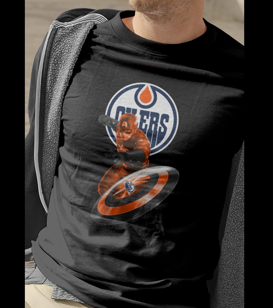 Edmonton Oilers Captain America Crossover With Shield Logo And Dynamic Pose T-Shirt