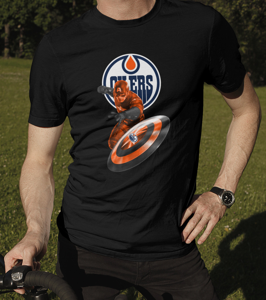 Edmonton Oilers Captain America Crossover With Shield Logo And Dynamic Pose T-Shirt