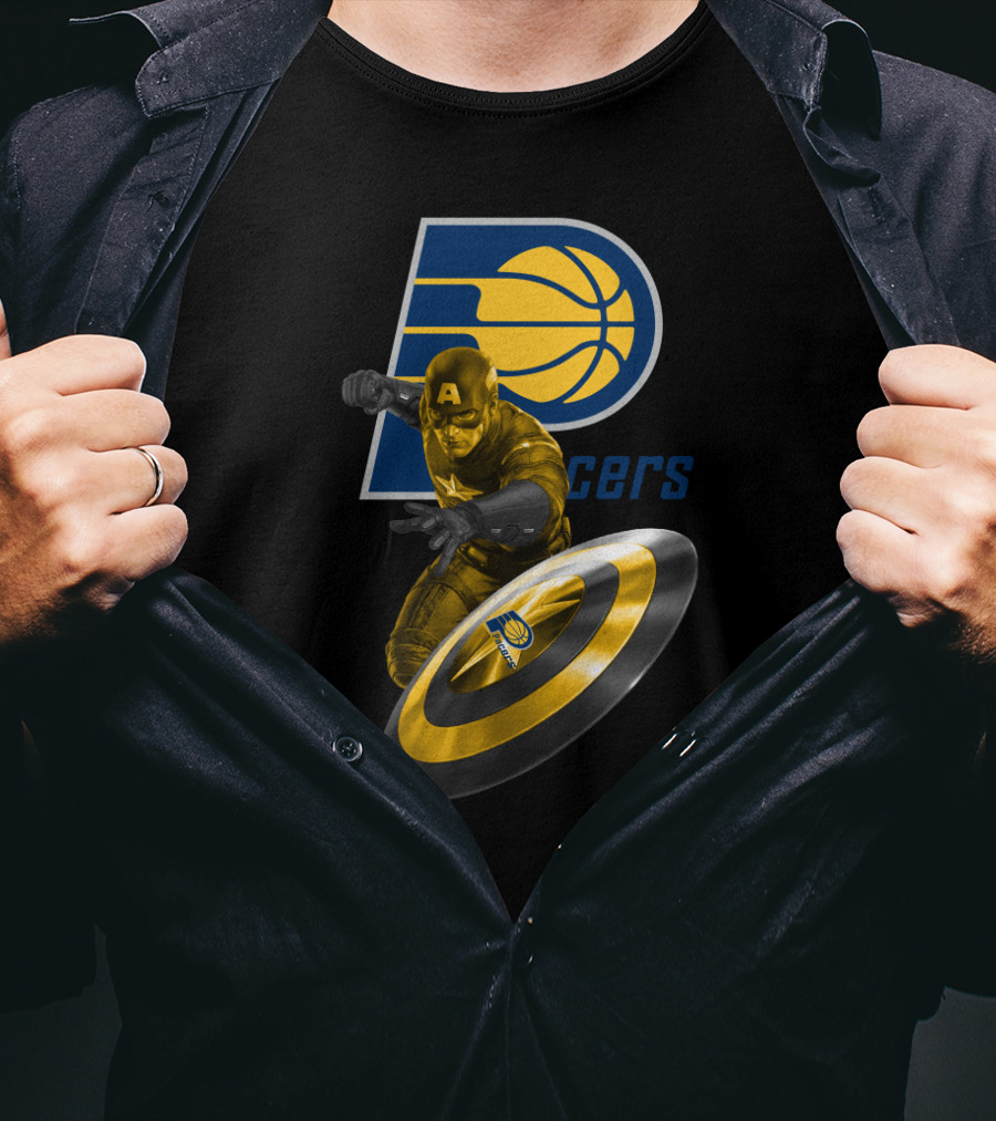 Pacers Logo With Marvel Captain America And Shield T-Shirt