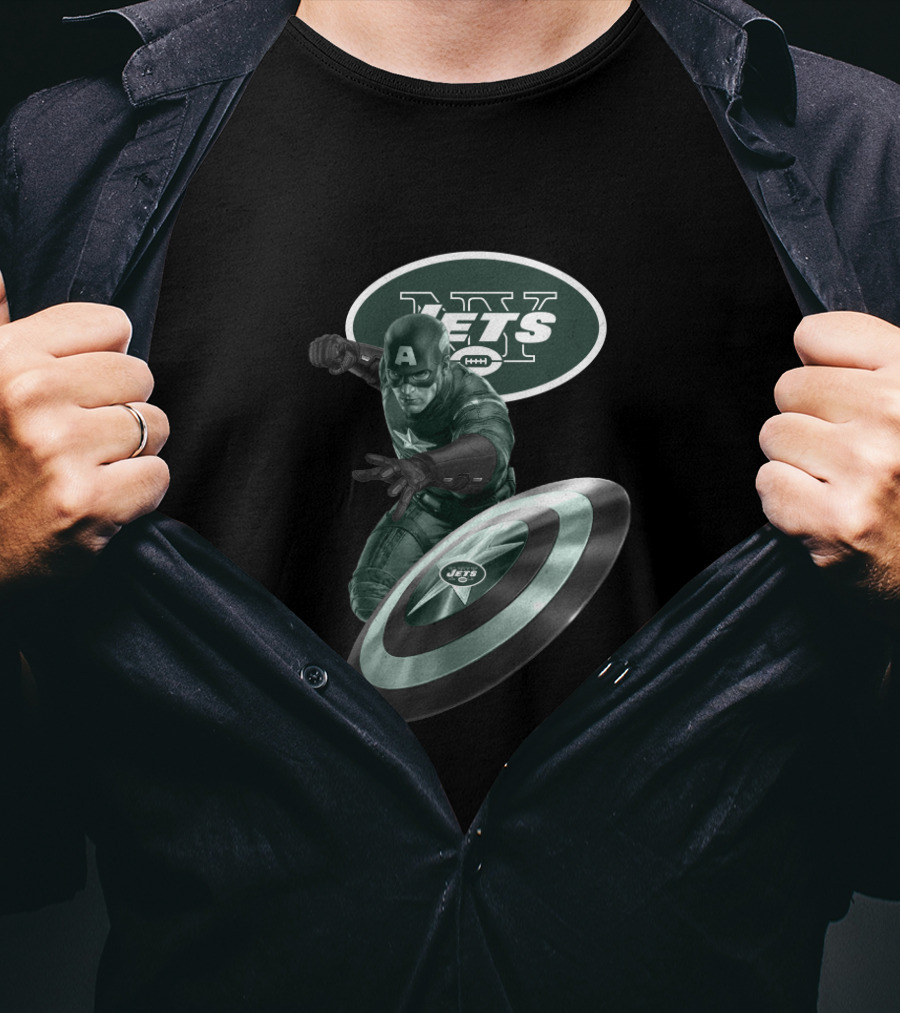 New York Jets Captain America Crossover With Logo And Shield T-Shirt