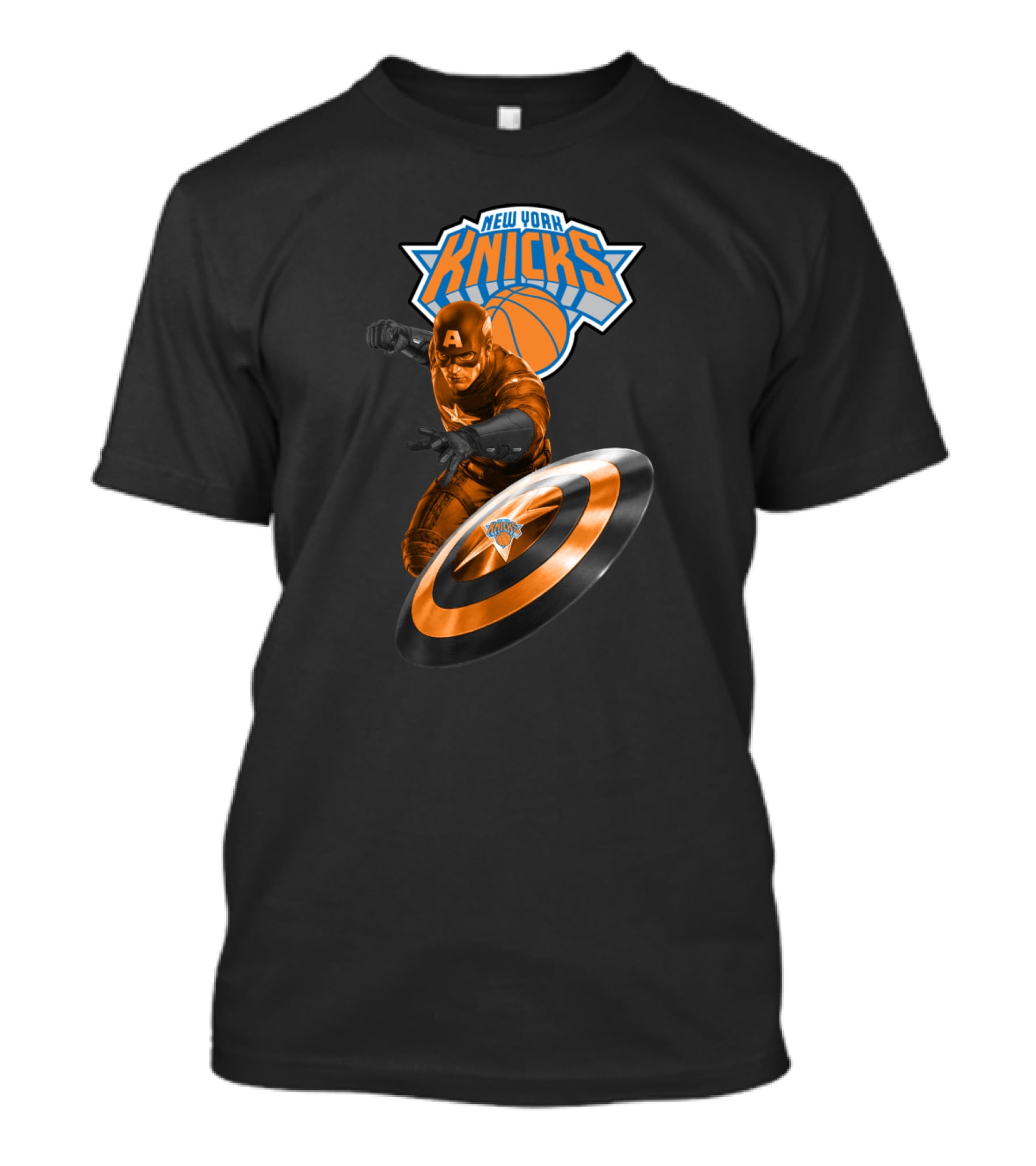 New York Knicks Captain America Crossover Imagery With Shield And Basketball T-Shirt