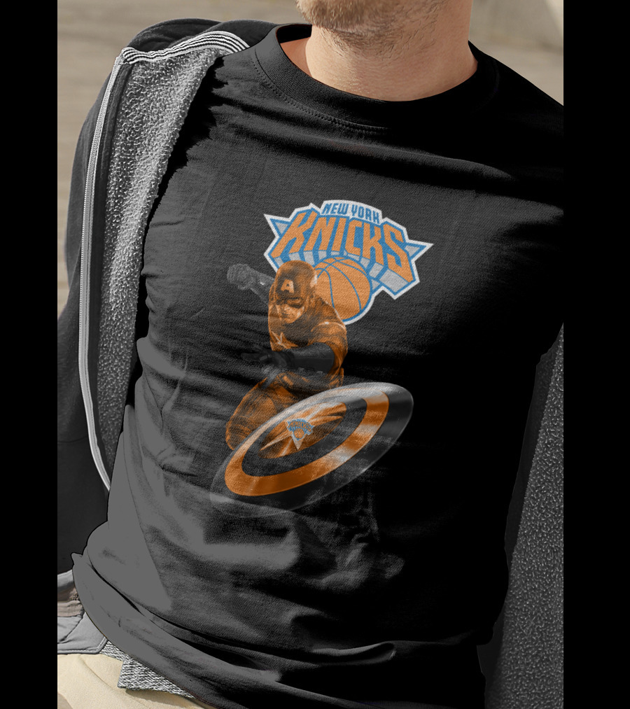 New York Knicks Captain America Crossover Imagery With Shield And Basketball T-Shirt