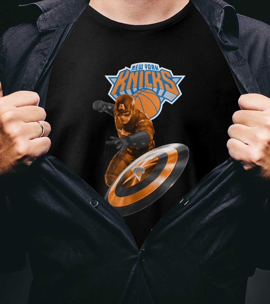 New York Knicks Captain America Crossover Imagery With Shield And Basketball T-Shirt
