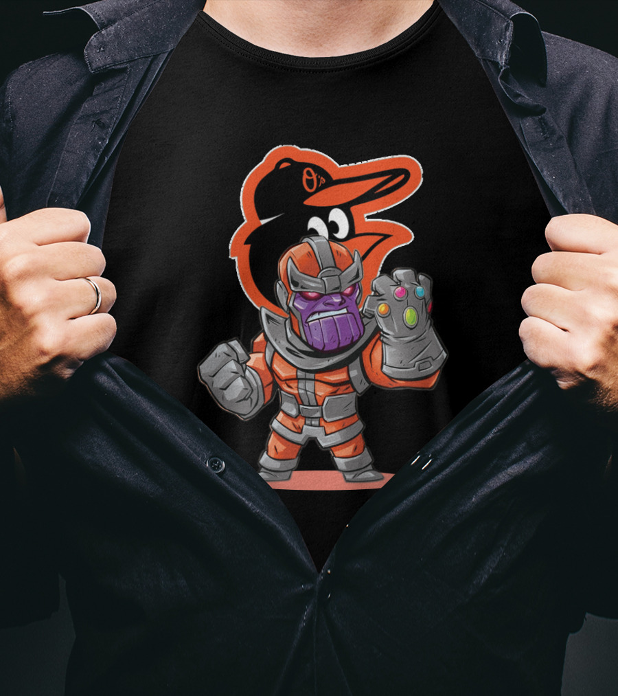 Thanos Cartoon Character In Baltimore Orioles Colors With Infinity Gauntlet T-Shirt