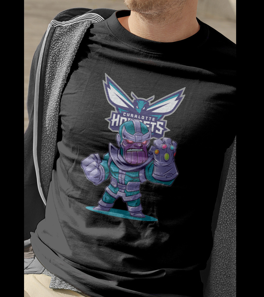 Thanos With Infinity Gauntlet And Charlotte Hornets Logo Crossover T-Shirt