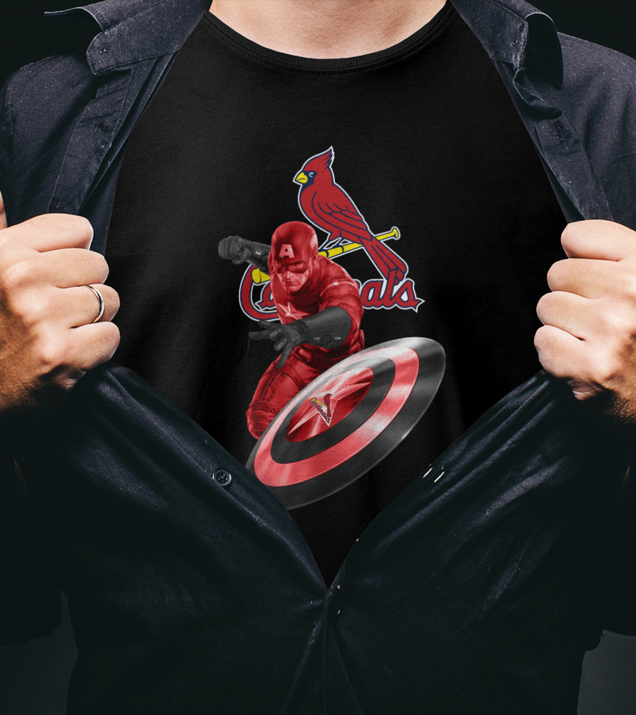 St. Louis Cardinals Captain America Logo Fusion Featuring Iconic Superhero And Baseball Team T-Shirt