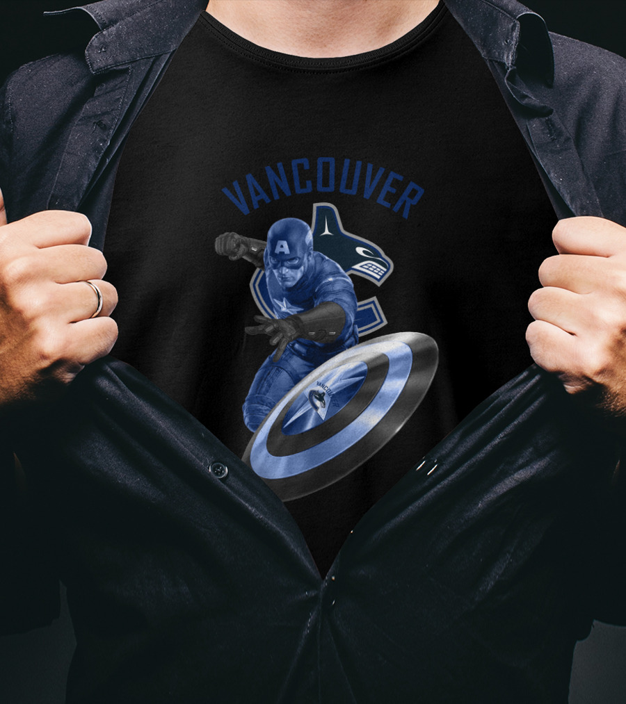 Vancouver Canucks Captain America Logo Crossover With Hockey Orca And Shield T-Shirt
