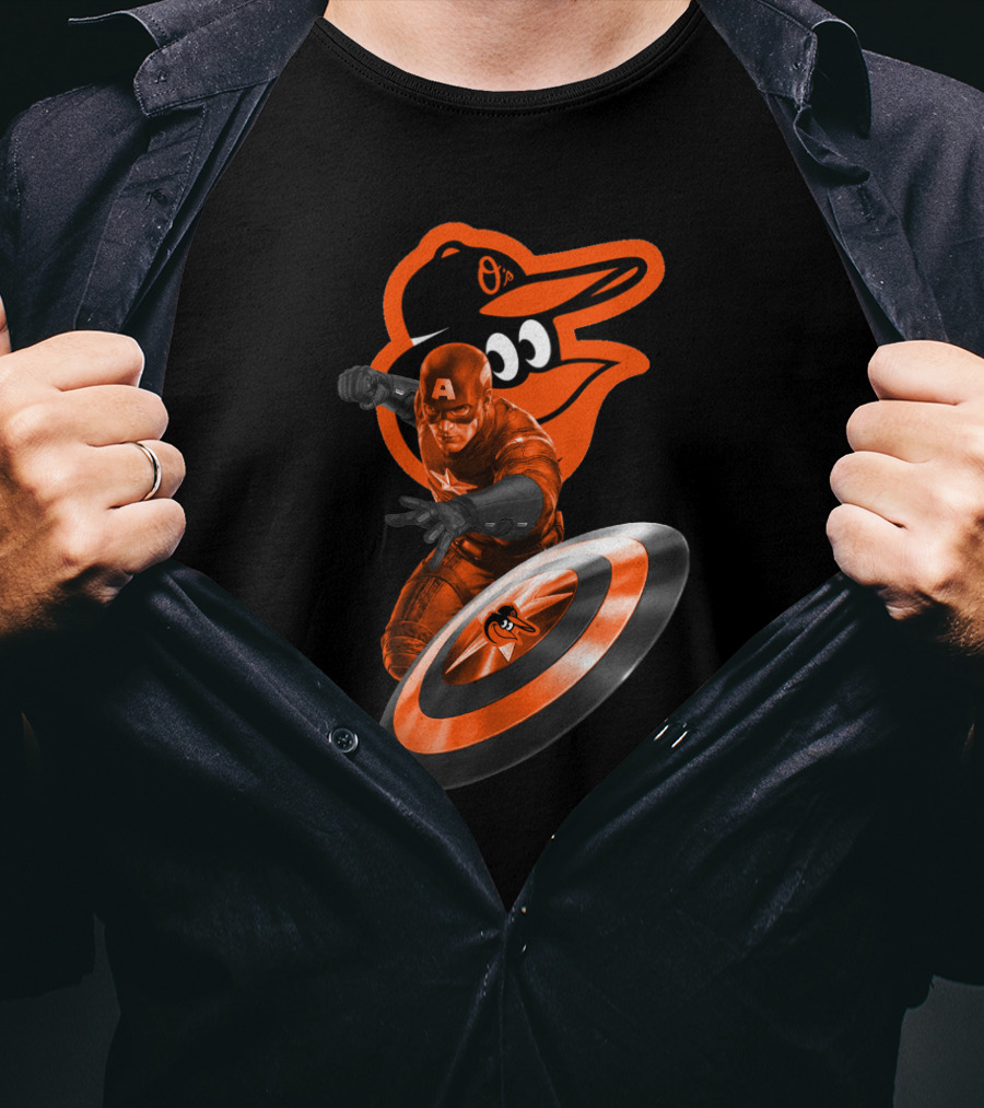 Baltimore Orioles Captain America Crossover Shield Logo Collaboration T-Shirt
