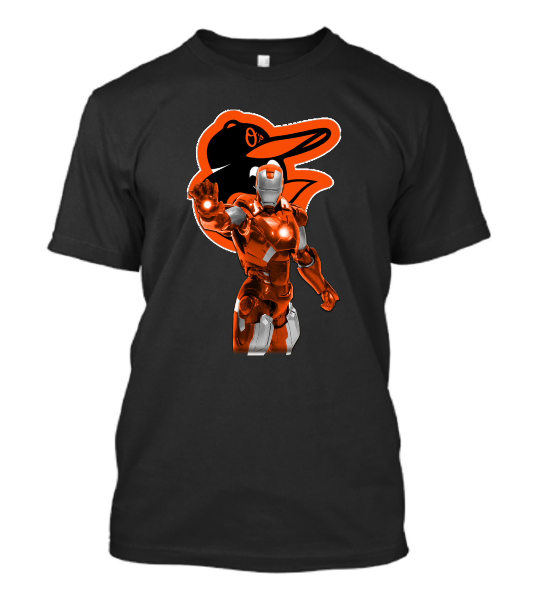 Iron Man Baltimore Orioles Crossover Featuring Iconic Orange Armor And Team Mascot T-Shirt
