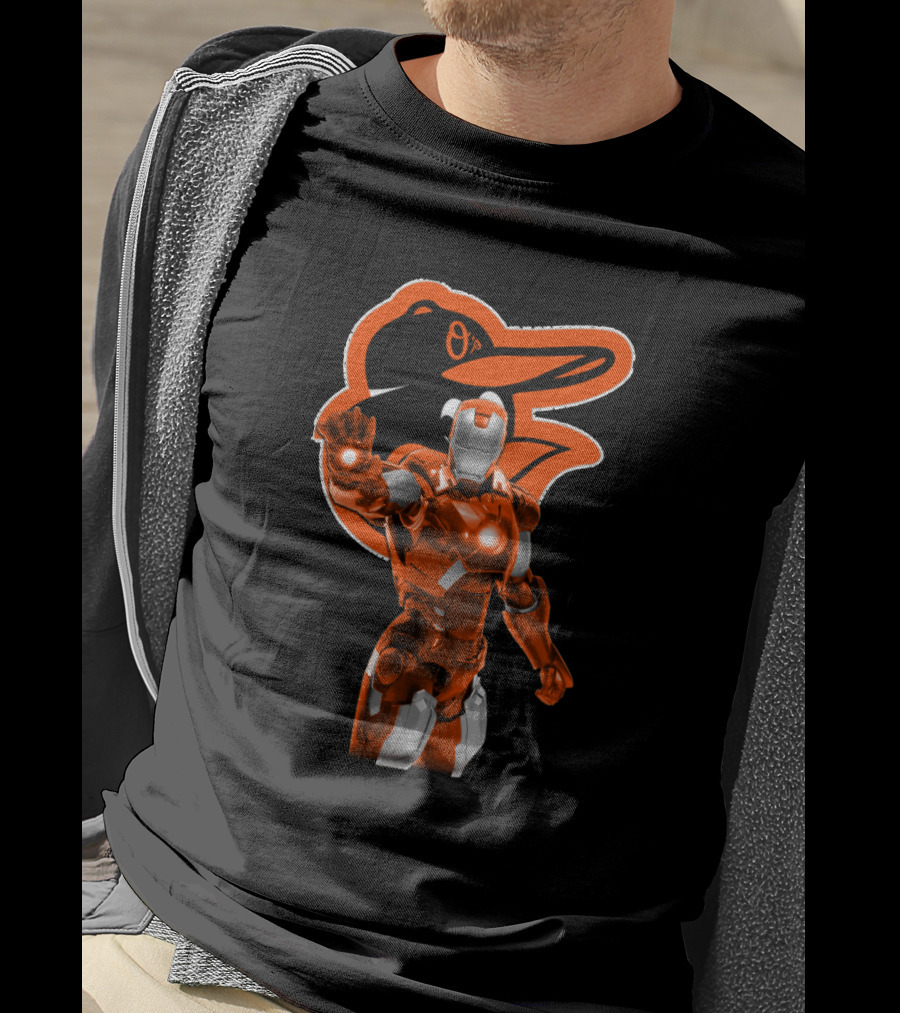 Iron Man Baltimore Orioles Crossover Featuring Iconic Orange Armor And Team Mascot T-Shirt