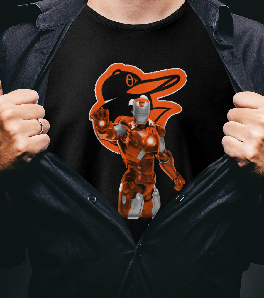 Iron Man Baltimore Orioles Crossover Featuring Iconic Orange Armor And Team Mascot T-Shirt