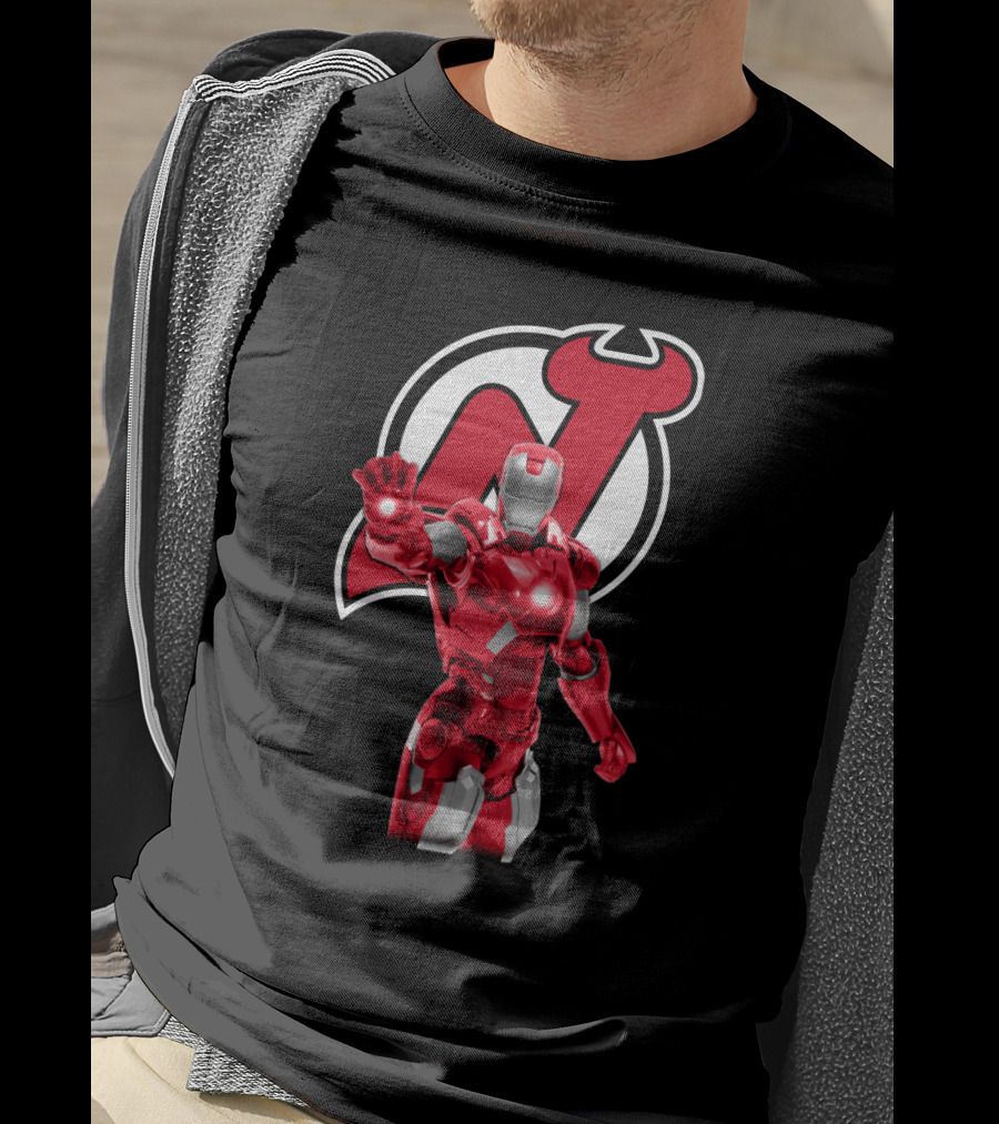 New Jersey Devils Iron Man Crossover With Iconic Armor And Team T-Shirt