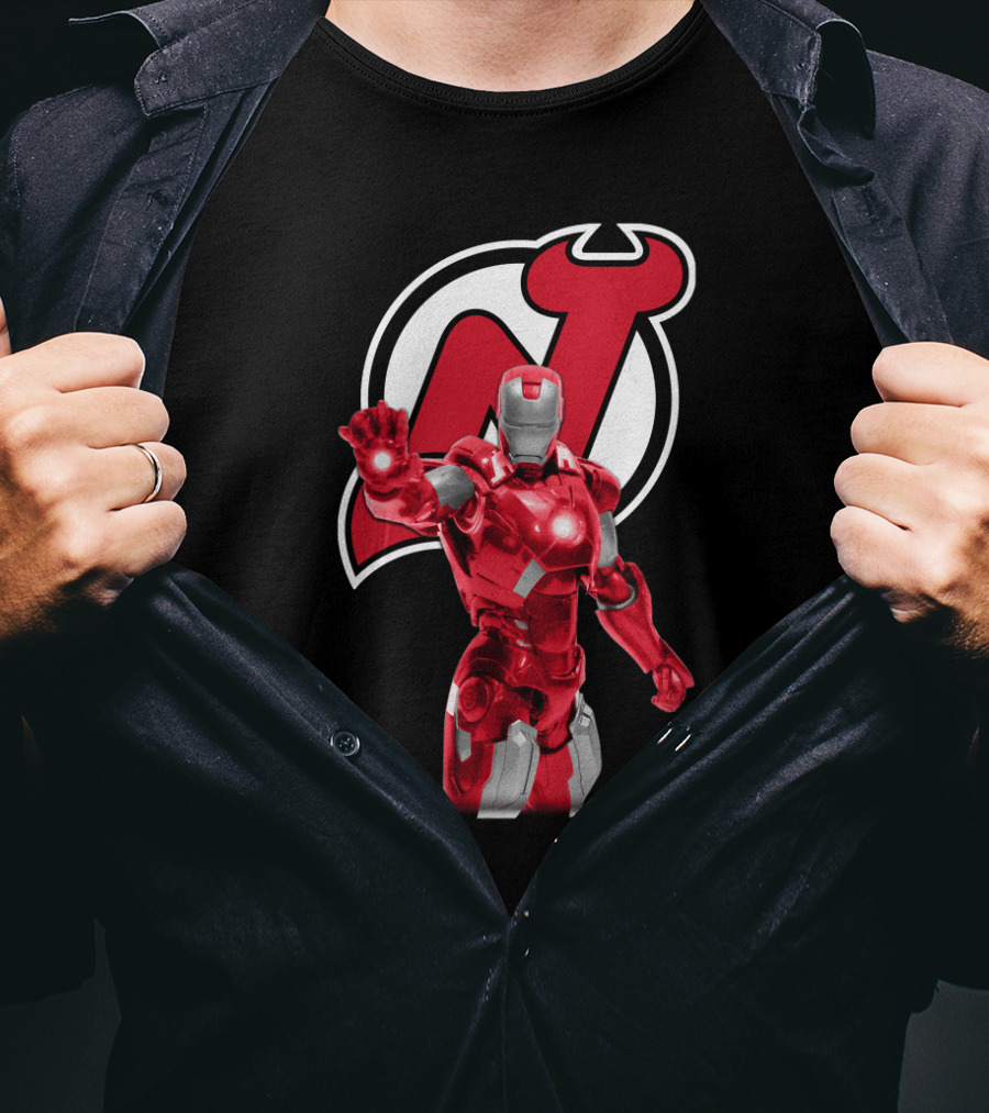 New Jersey Devils Iron Man Crossover With Iconic Armor And Team T-Shirt