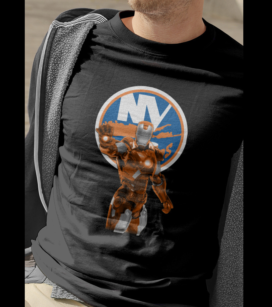 Iron Man New York Islanders Crossover Graphic Featuring NY Logo Background T-Shirt