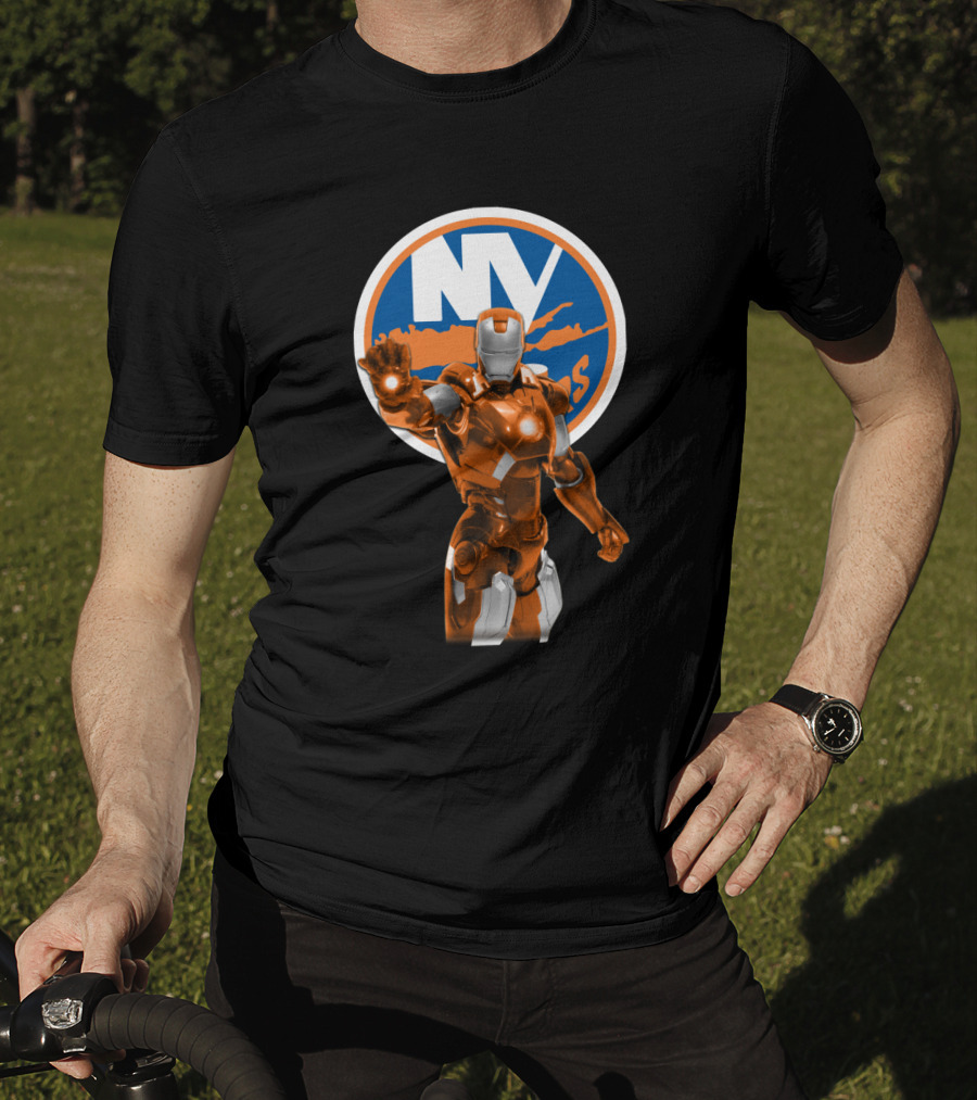 Iron Man New York Islanders Crossover Graphic Featuring NY Logo Background T-Shirt