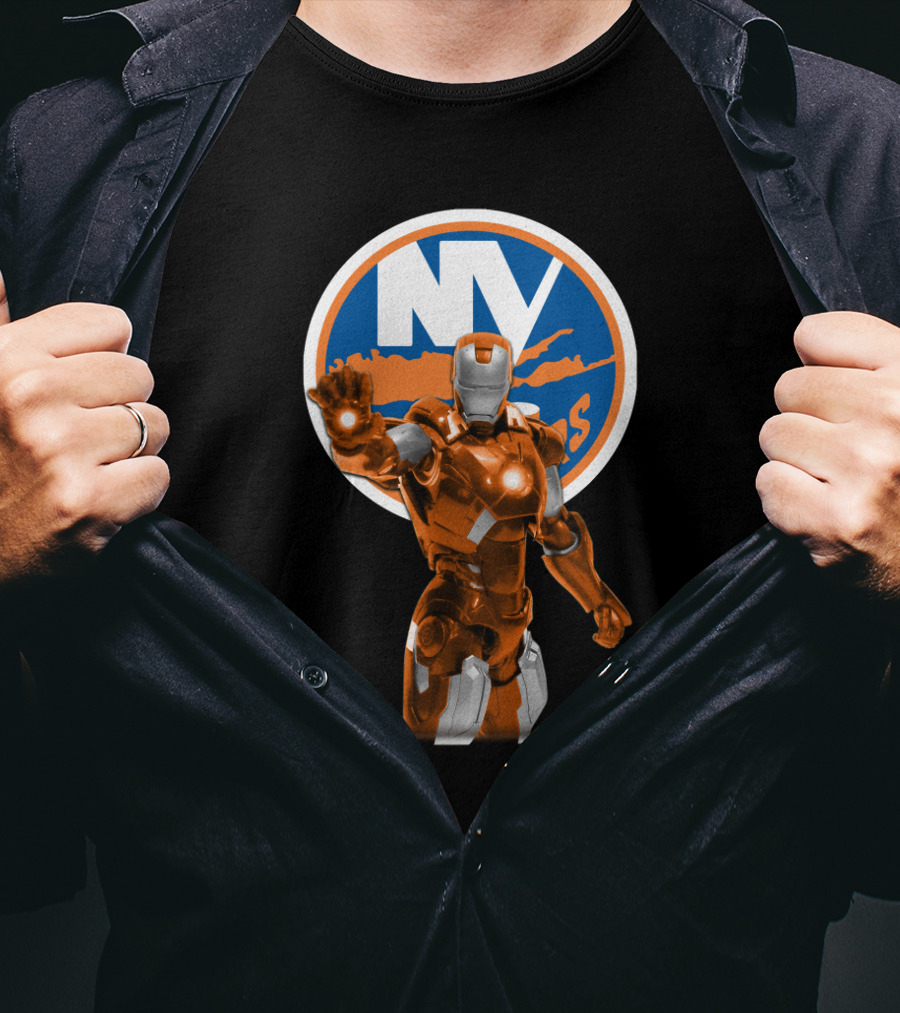 Iron Man New York Islanders Crossover Graphic Featuring NY Logo Background T-Shirt