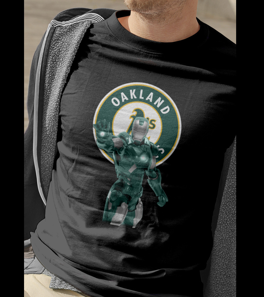 Oakland Athletics X Iron Man Crossover Marvel Avengers Baseball Team Collaboration T-Shirt