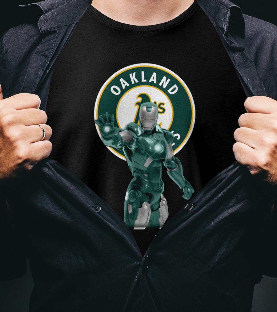 Oakland Athletics X Iron Man Crossover Marvel Avengers Baseball Team Collaboration T-Shirt