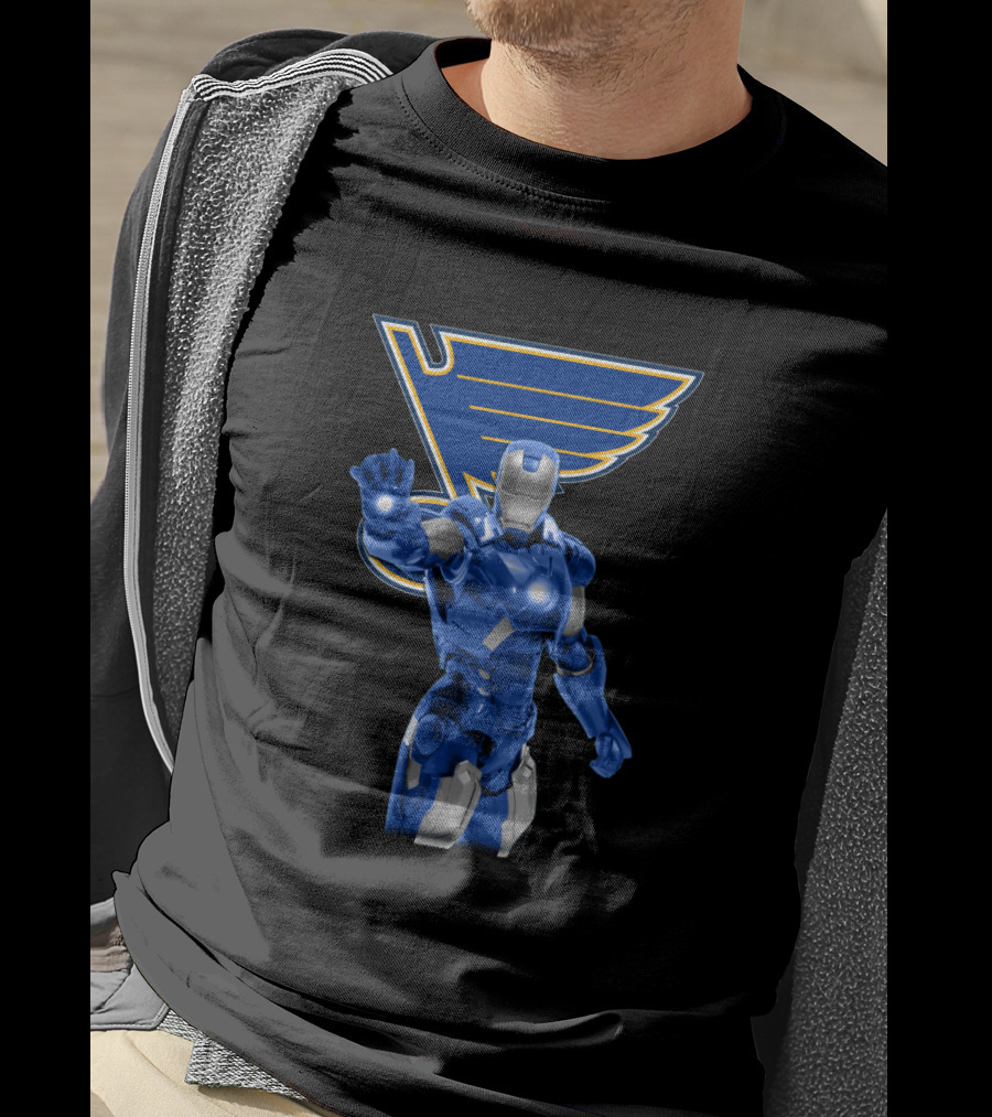 Iron Man St. Louis Blues Crossover With Marvel Superhero Imagery And Hockey Team T-Shirt