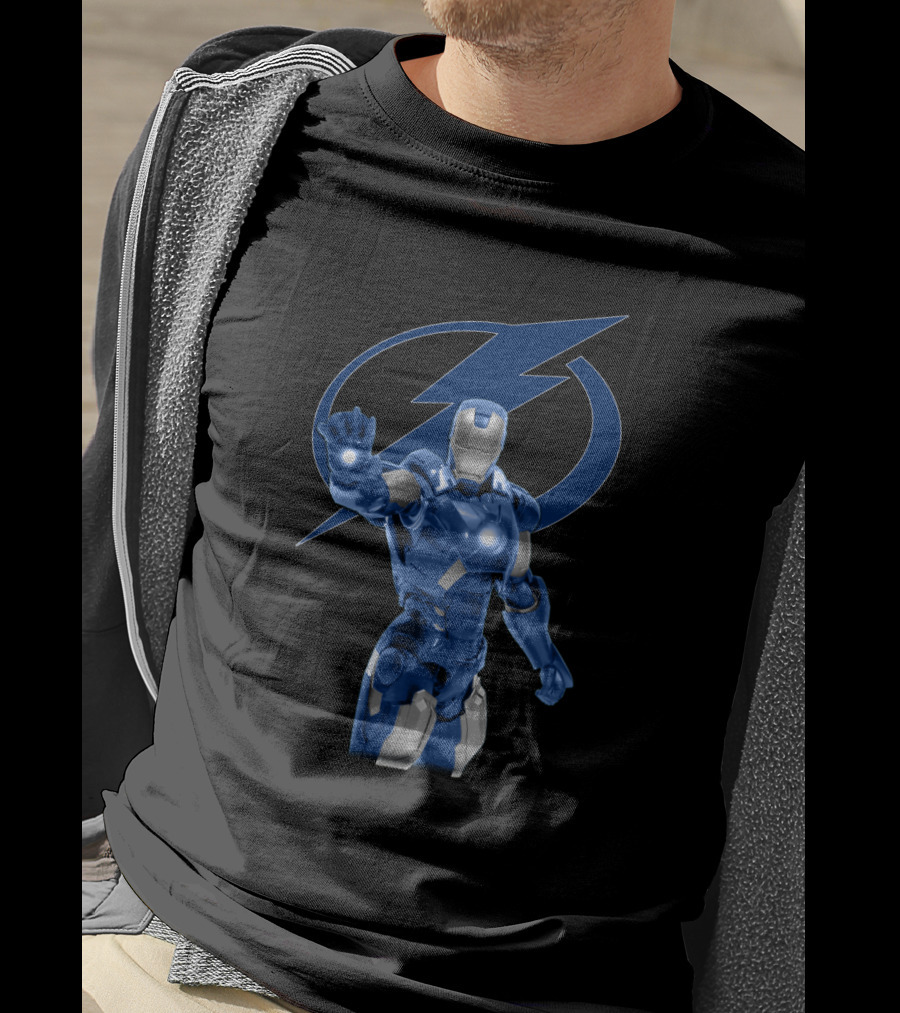 Tampa Bay Lightning Blue Iron Man Collaboration With Lightning Bolt T-Shirt