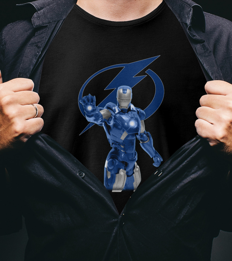 Tampa Bay Lightning Blue Iron Man Collaboration With Lightning Bolt T-Shirt