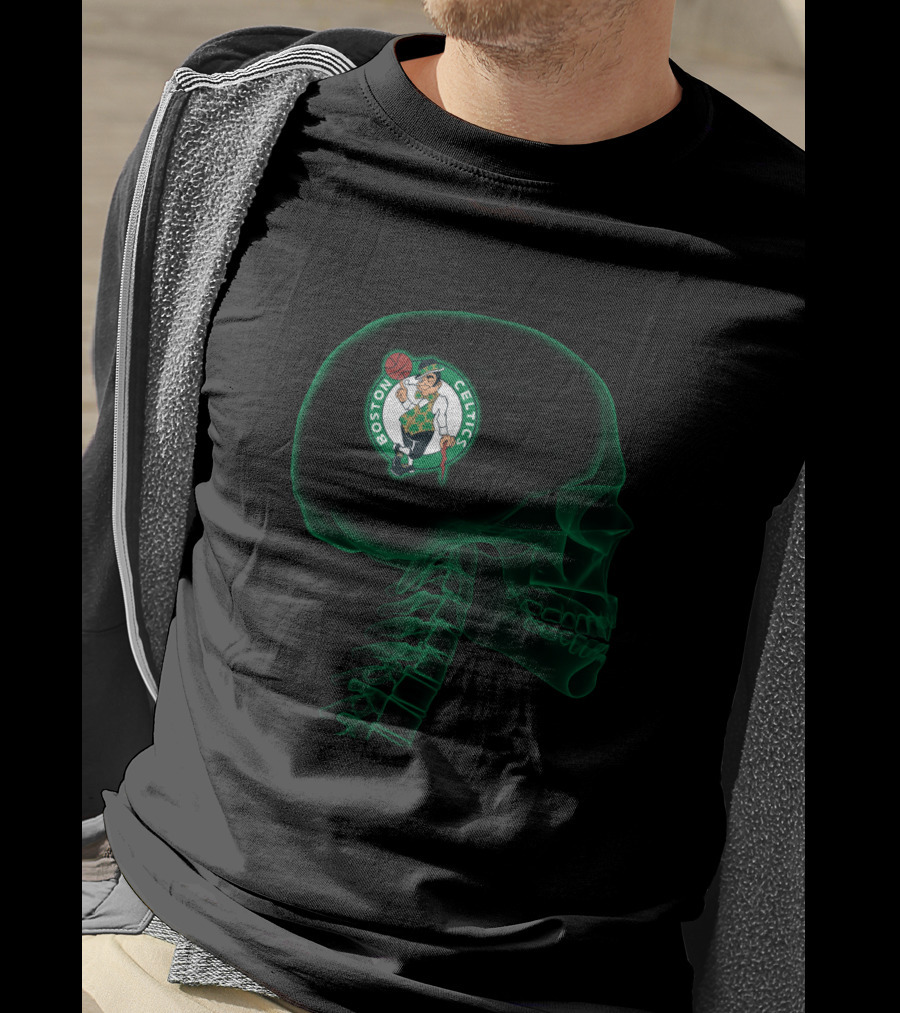 Boston Celtics Logo In Skeleton Brain Halloween Concept T-Shirt