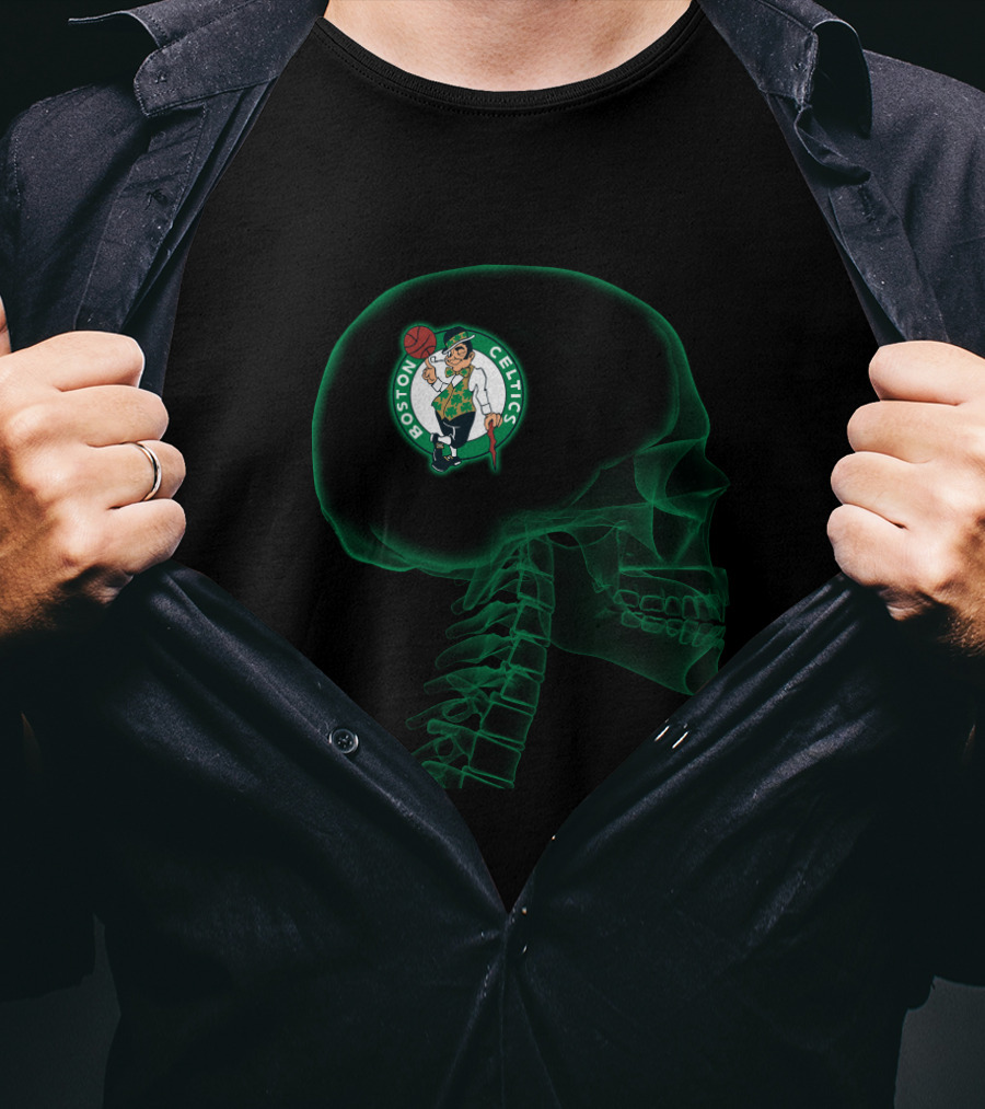 Boston Celtics Logo In Skeleton Brain Halloween Concept T-Shirt
