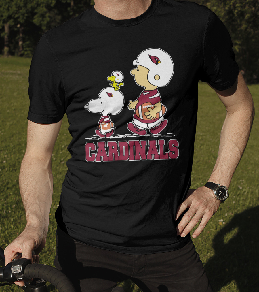 Snoopy And Woodstock With Cardinals Football Helmets And Team Spirit T-Shirt
