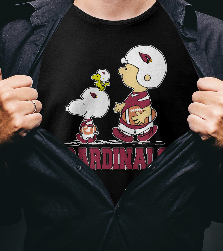 Snoopy And Woodstock With Cardinals Football Helmets And Team Spirit T-Shirt